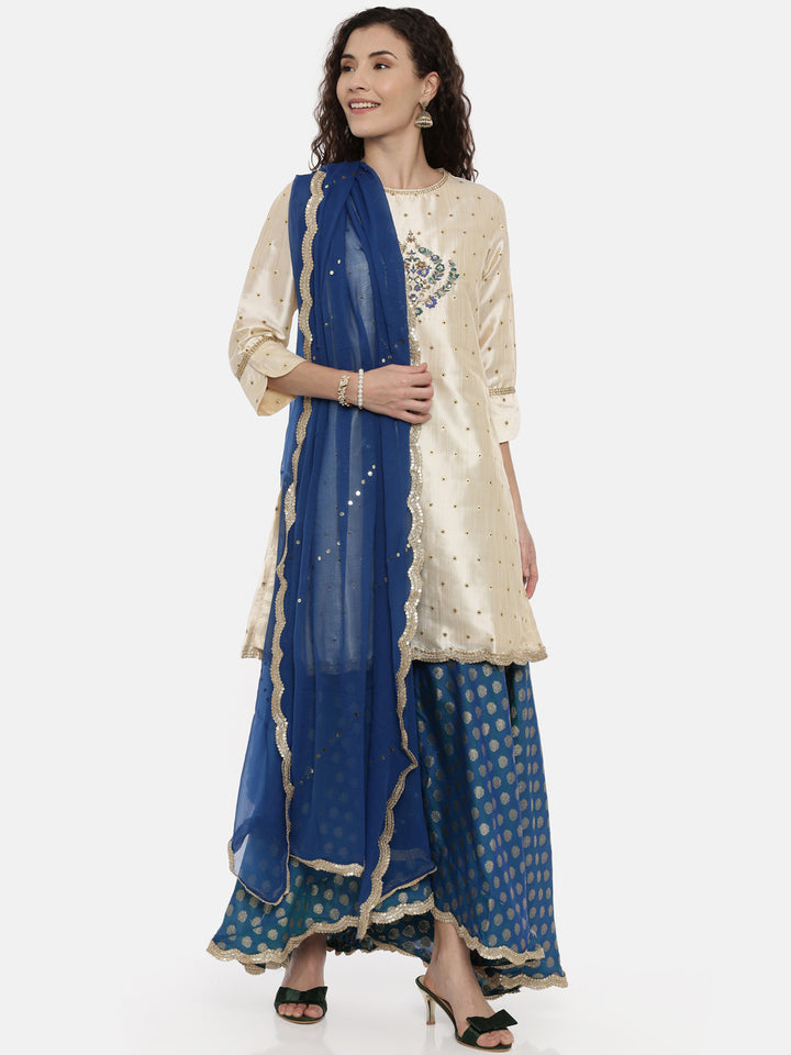 Neerus Beige & Blue Embroidered Kurta With Skirt & Dupatta