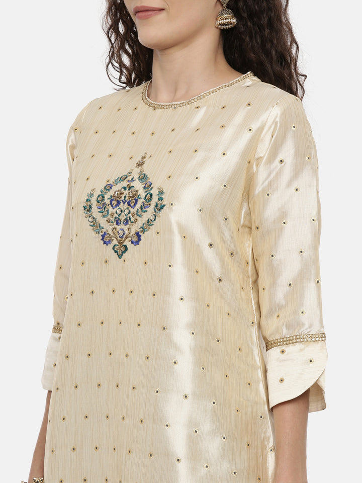 Neerus Beige & Blue Embroidered Kurta With Skirt & Dupatta
