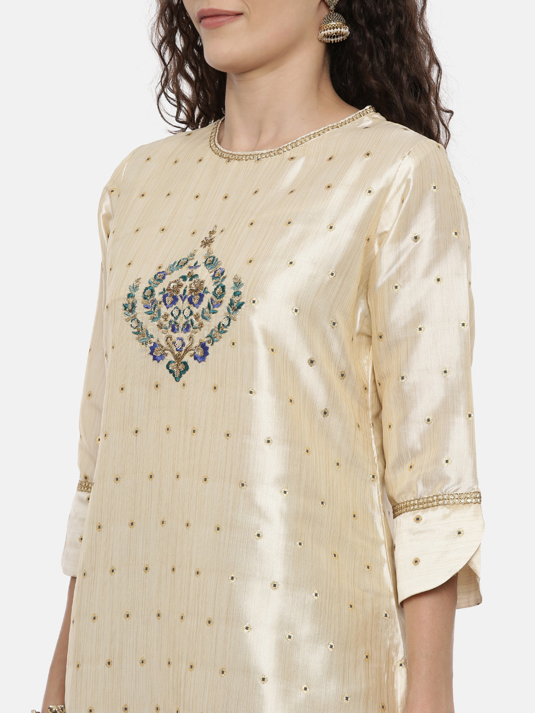 Neeru's Beige & Blue Embroidered Kurta With Skirt & Dupatta