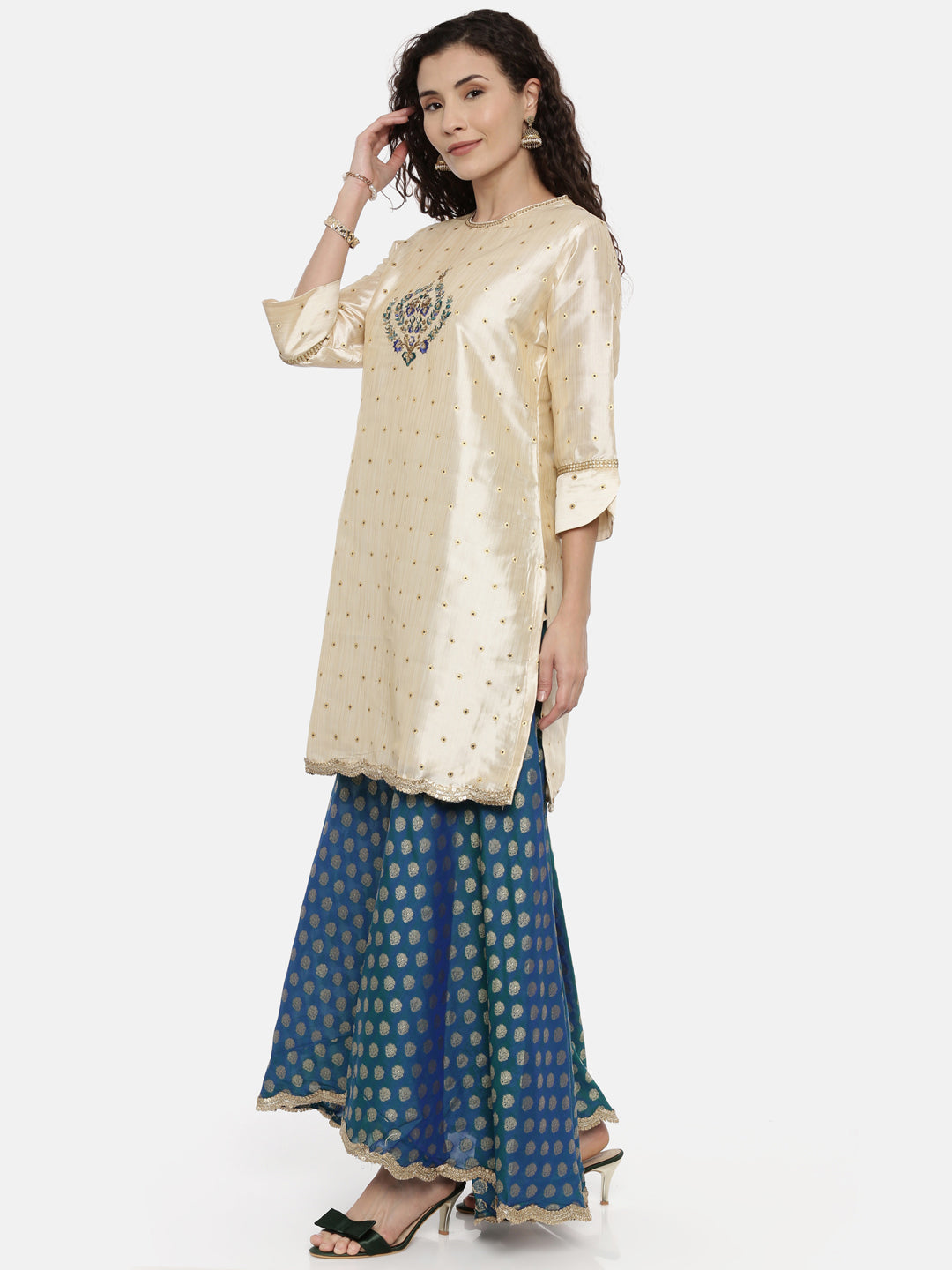 Neeru's Beige & Blue Embroidered Kurta With Skirt & Dupatta