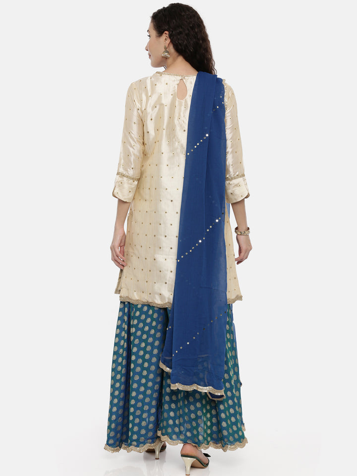 Neerus Beige & Blue Embroidered Kurta With Skirt & Dupatta