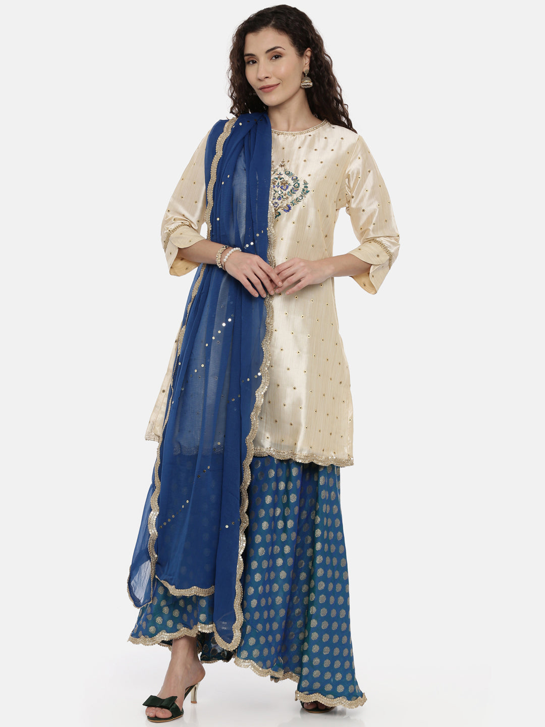 Neeru's Beige & Blue Embroidered Kurta With Skirt & Dupatta