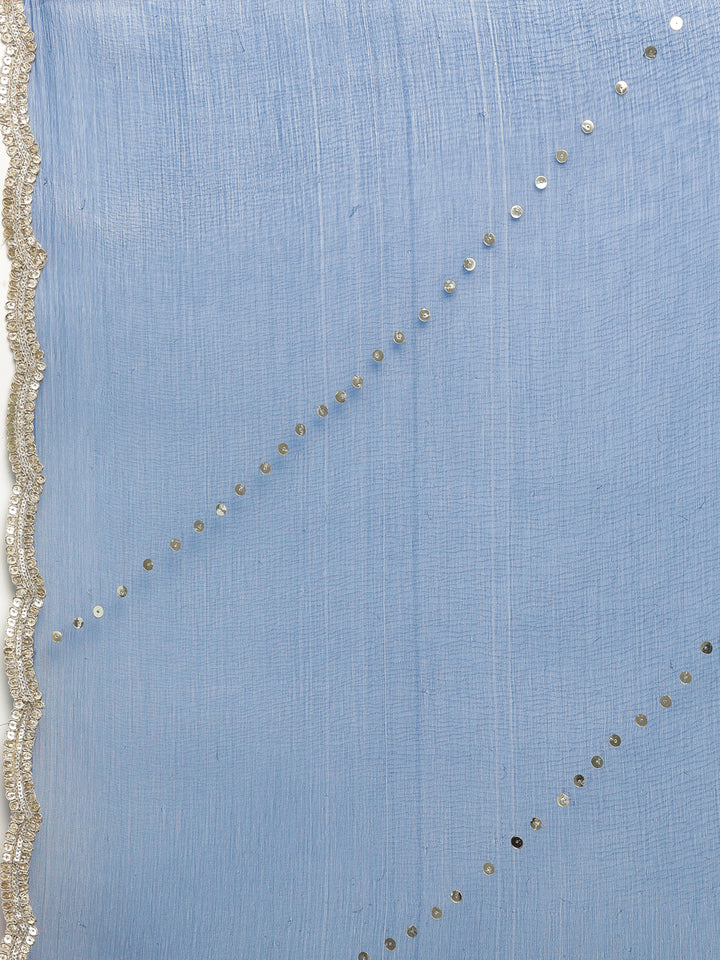 Neerus Beige & Blue Embroidered Kurta With Skirt & Dupatta