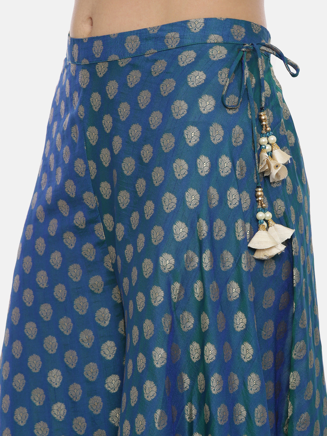 Neeru's Beige & Blue Embroidered Kurta With Skirt & Dupatta