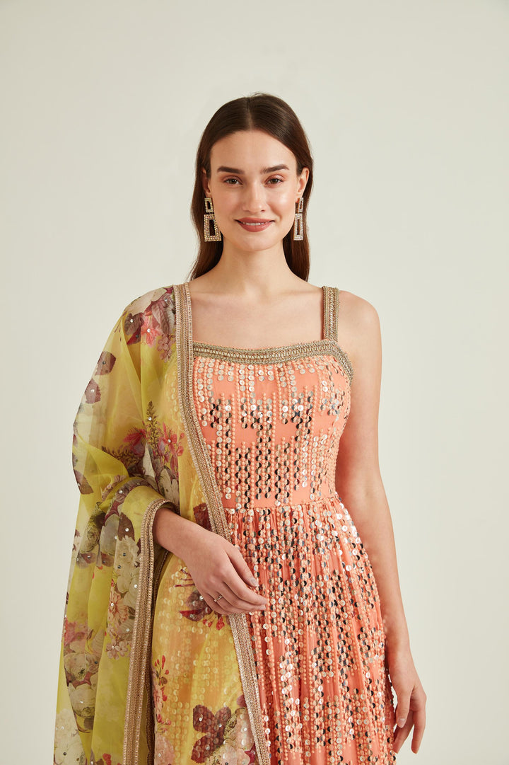Neerus Orange Georgette Embroidered Anarkali Kurta Set - side view
