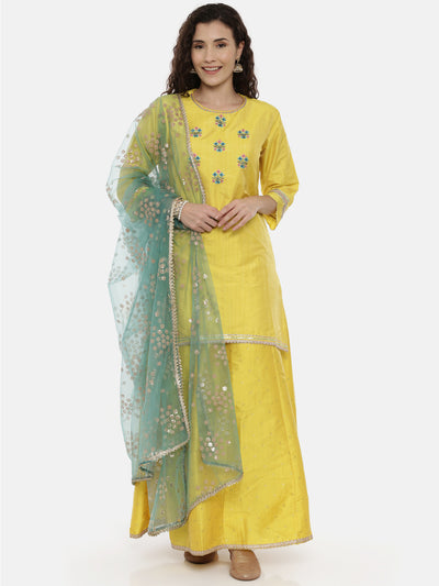 Neeru's Yellow Embroidered Kurta With Skirt & Dupatta
