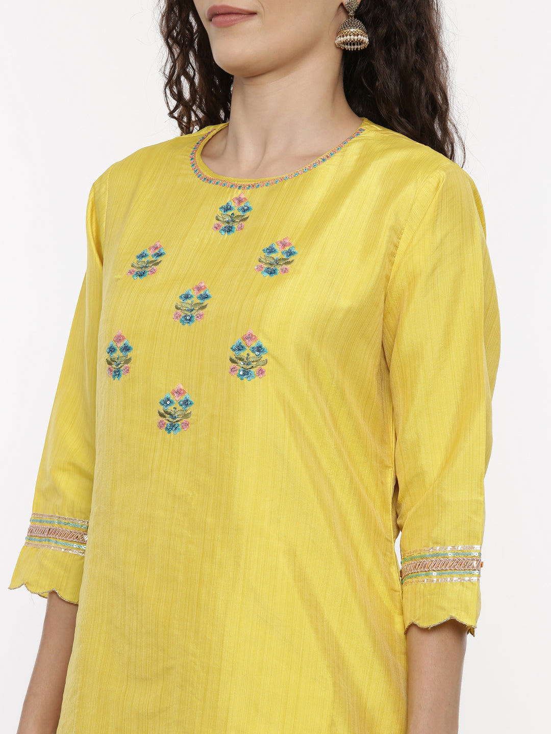 Neeru's Yellow Embroidered Kurta With Skirt & Dupatta
