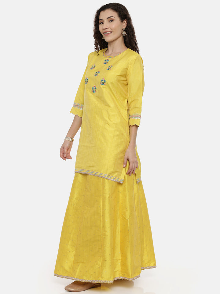 Neerus Yellow Embroidered Kurta With Skirt & Dupatta