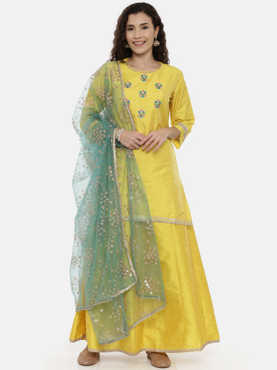 Neeru's Yellow Embroidered Kurta With Skirt & Dupatta