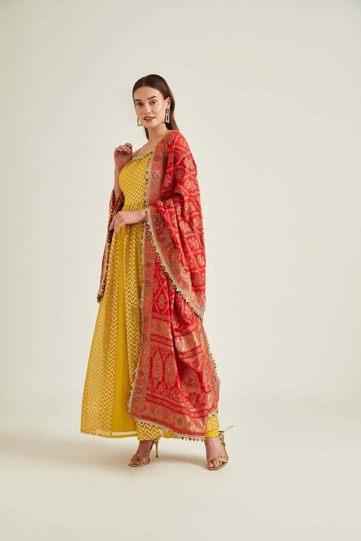 Neerus Yellow Colour Chanderi Fabric Suit-Anarkali