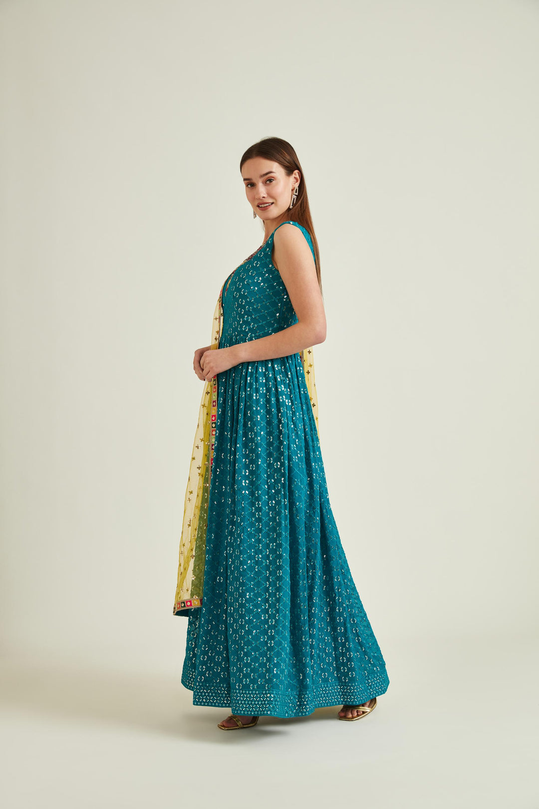 Neerus Green georgette embellished anarkali kurta set - side view