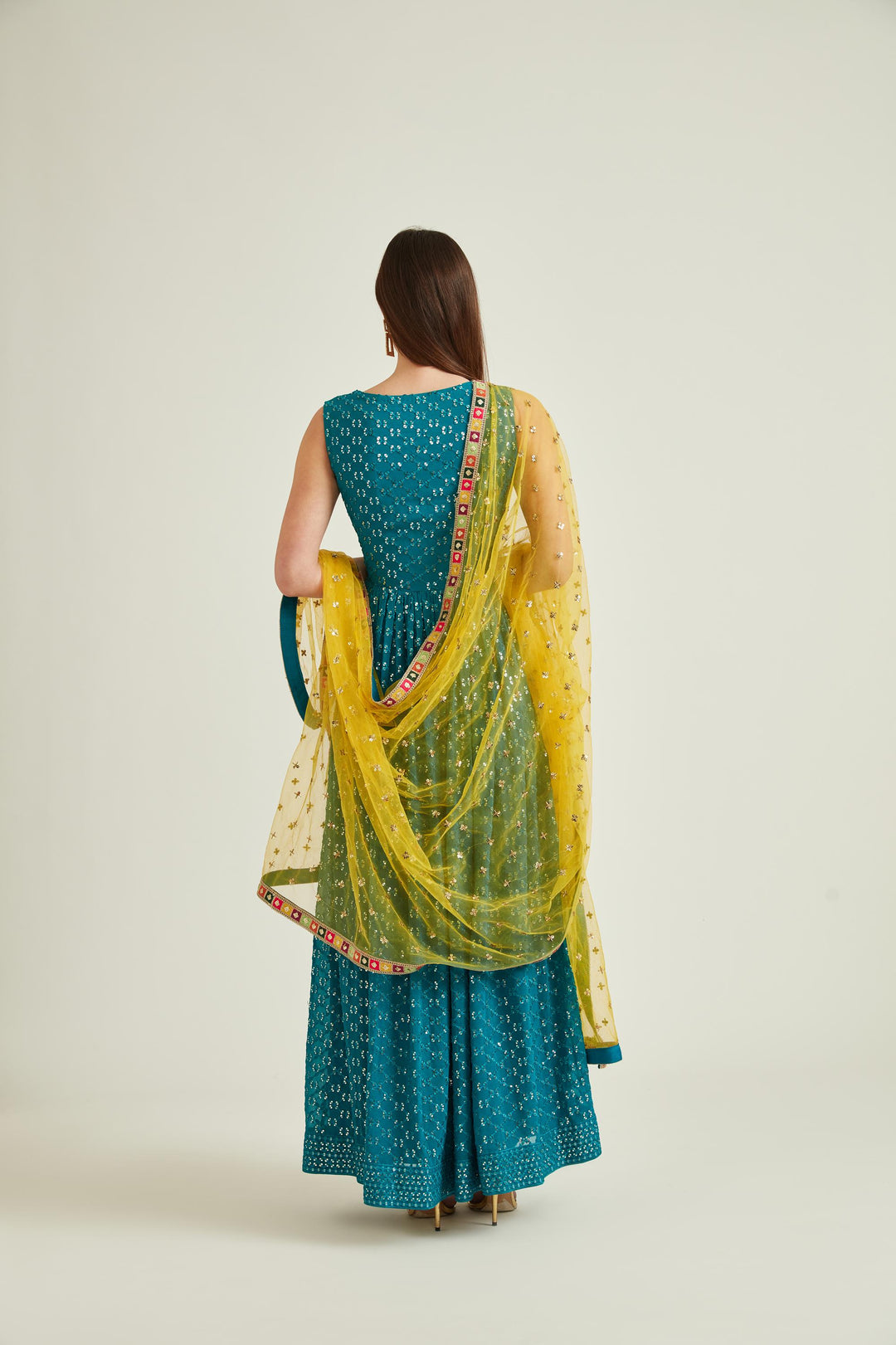 Neerus Green georgette embellished anarkali kurta set - detail view 1