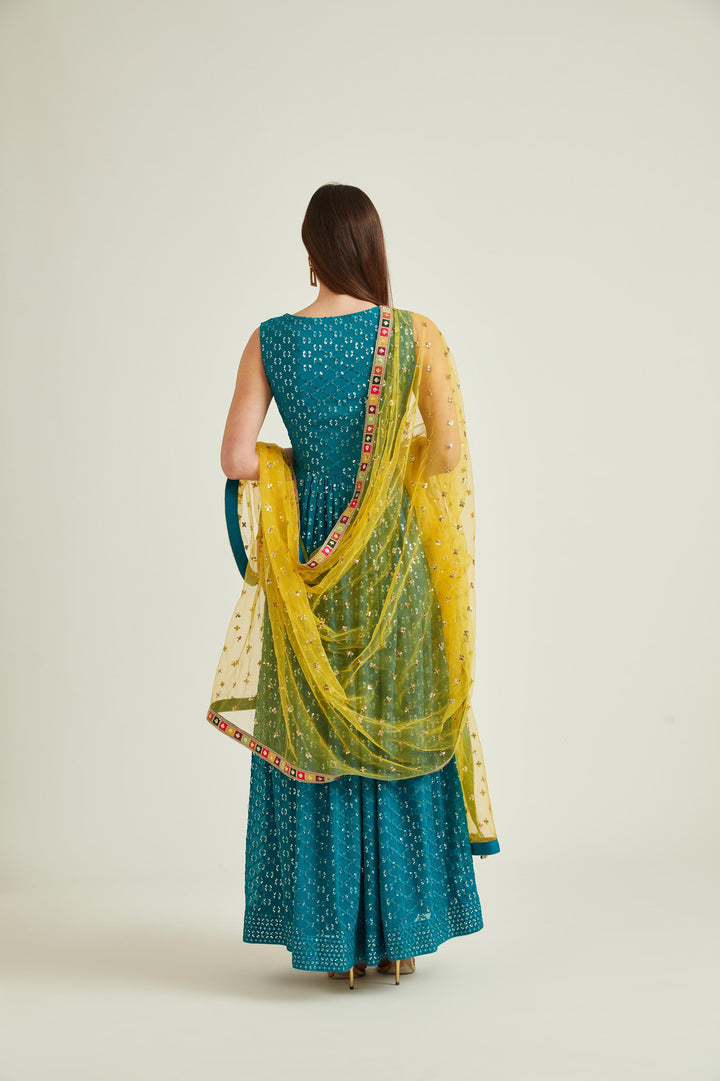 Neerus Green georgette embellished anarkali kurta set - detail view 1