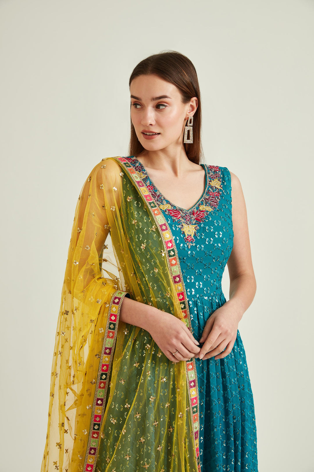 Neerus Green georgette embellished anarkali kurta set - back view
