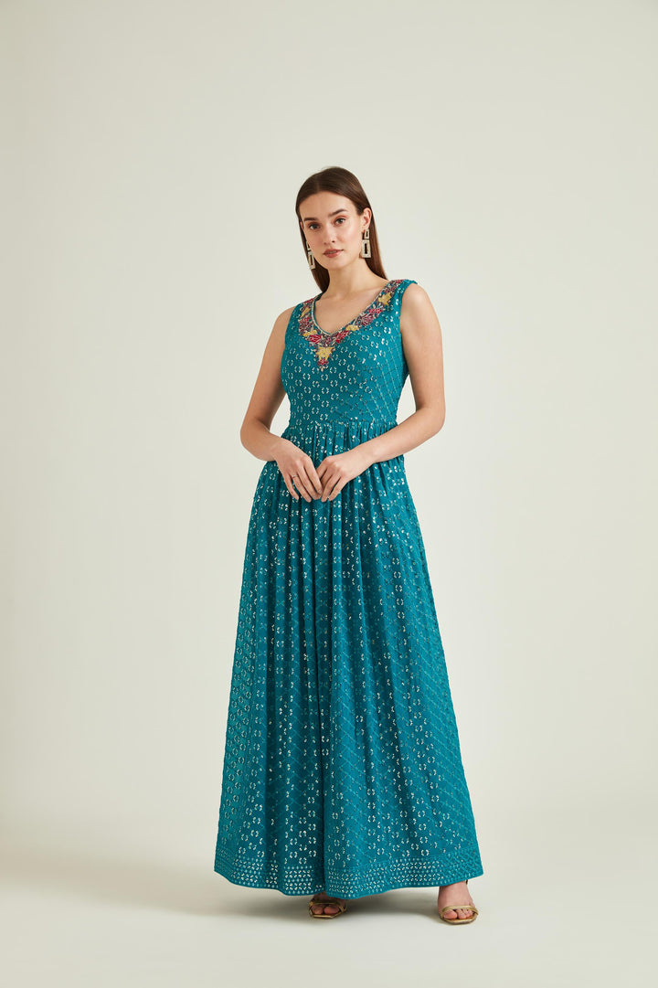 Neerus Green georgette embellished anarkali kurta set - front view