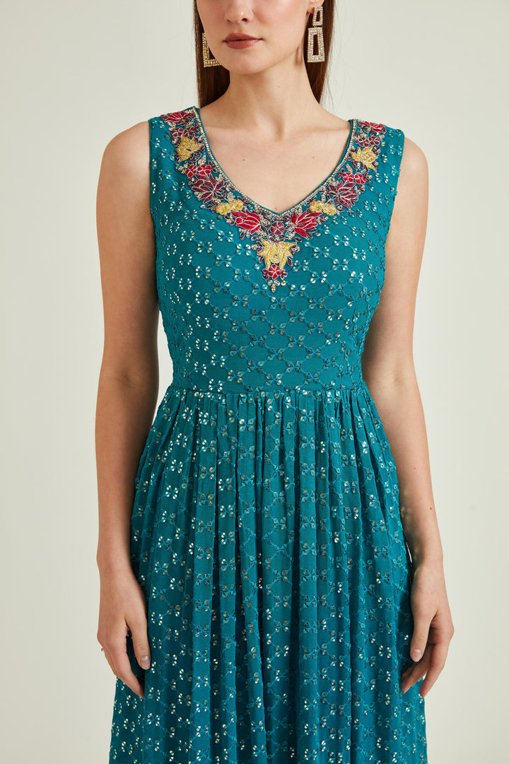 Neerus Green georgette embellished anarkali kurta set - detail view 2