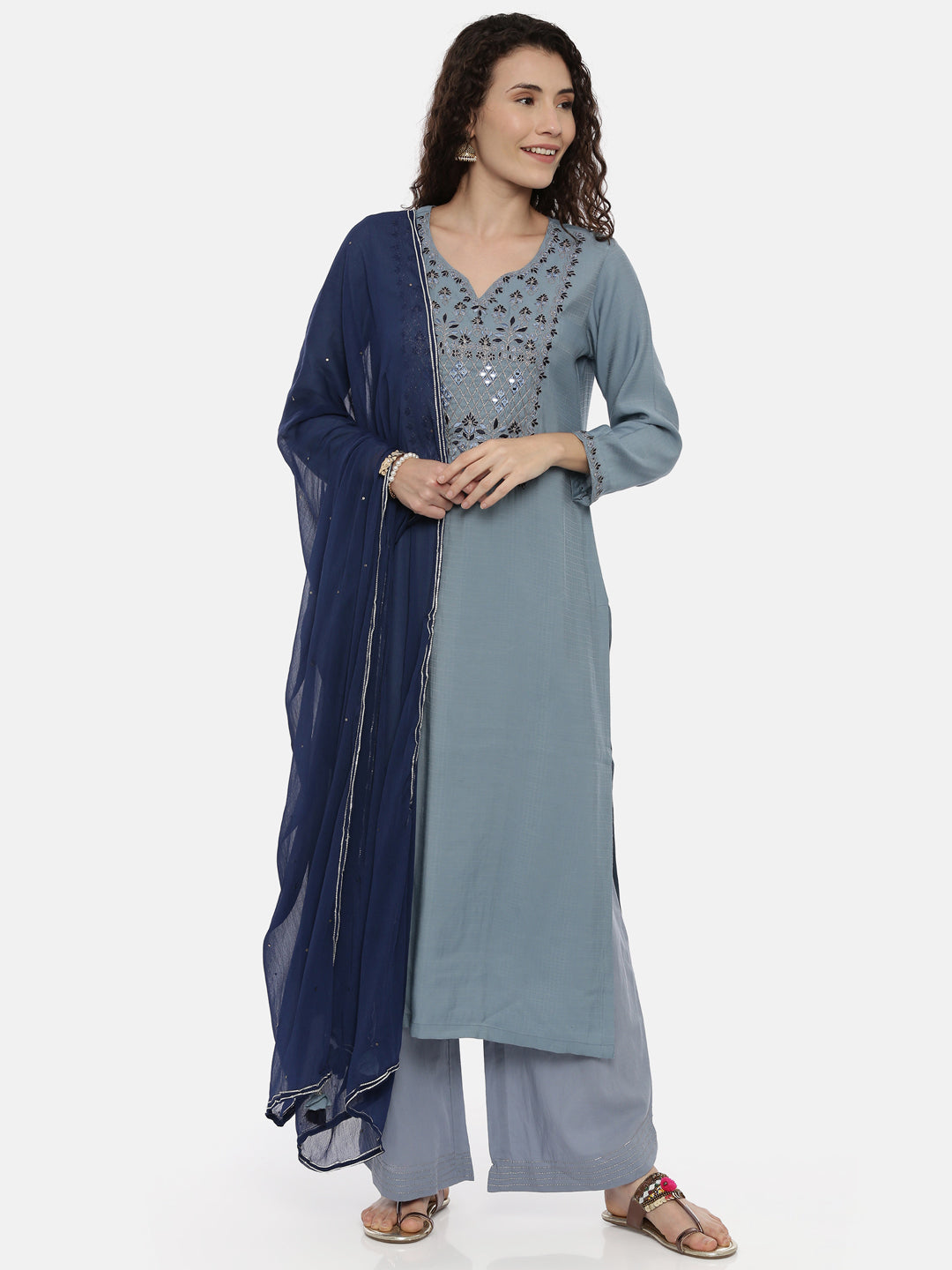 Neerus Blue rayon solid palazzo set - front view