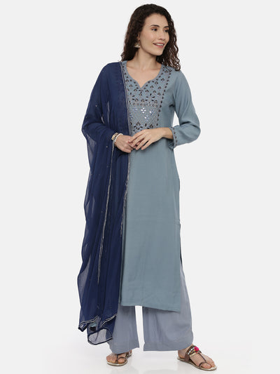 Neeru'S Ice Blue Color, Slub Rayon Fabric Suit-Plazzo