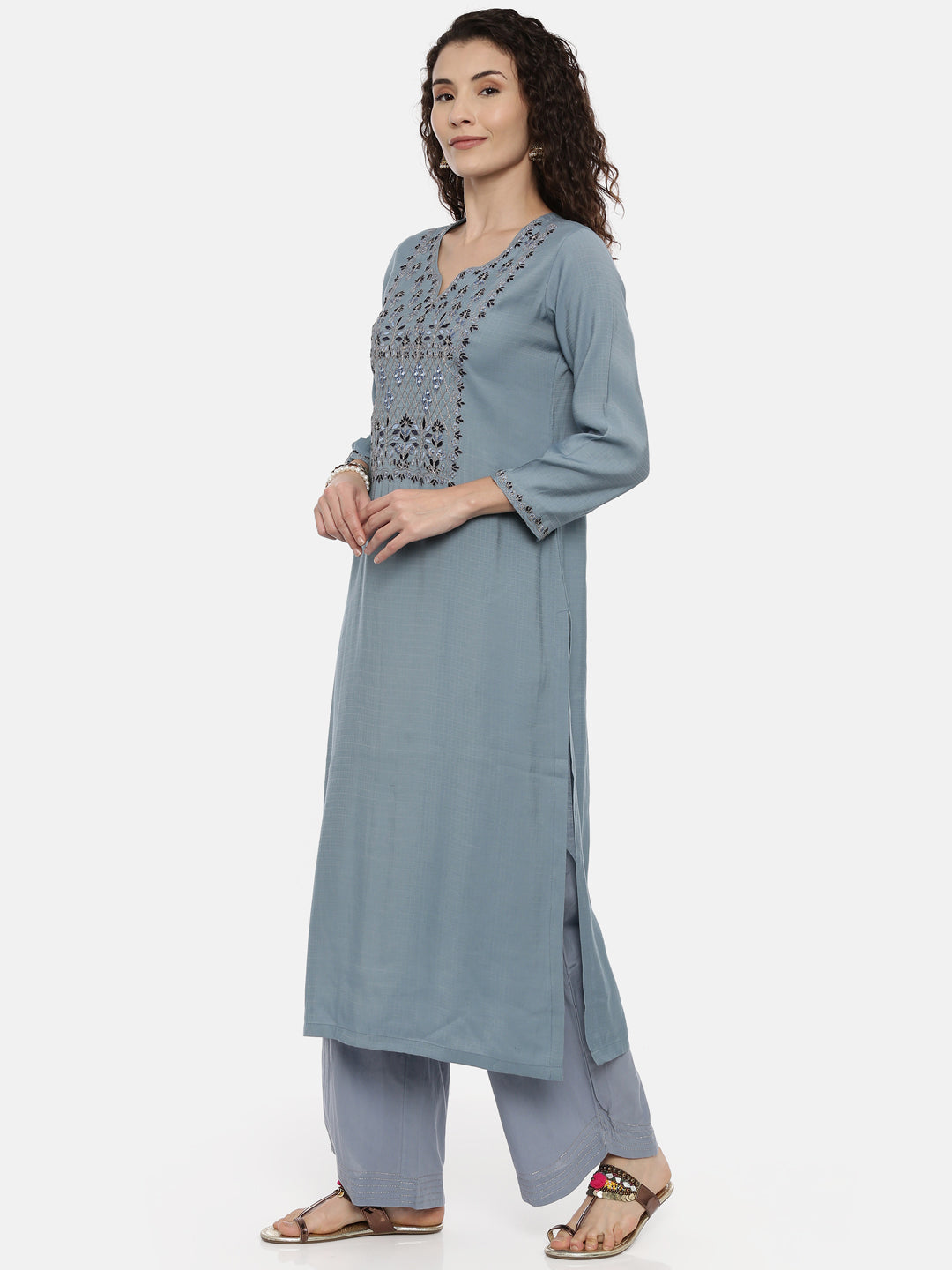 Neerus Blue rayon solid palazzo set - side view