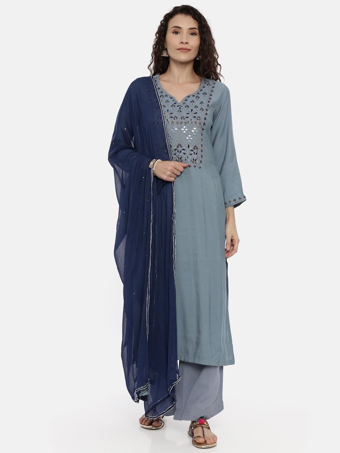 Neerus Blue rayon solid palazzo set - detail view 2