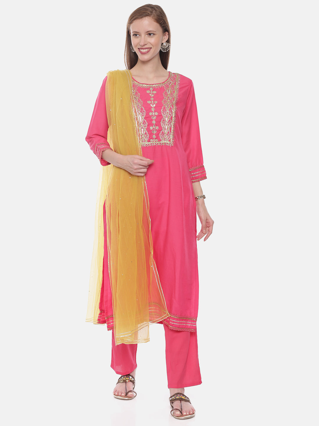 Neerus Pink muslin printed suit set - front view