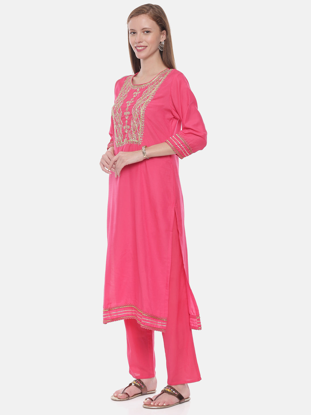 Neerus Pink muslin printed suit set - detail view 1
