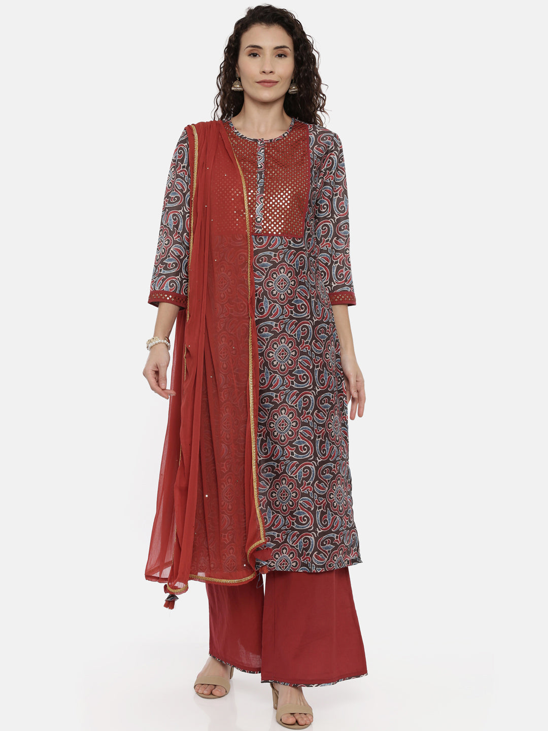 Neerus Grey printed kurta set with palazzo and dupatta - front view