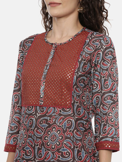 Neeru's Grey & Maroon Printed Kurta With Palazzo & Dupatta