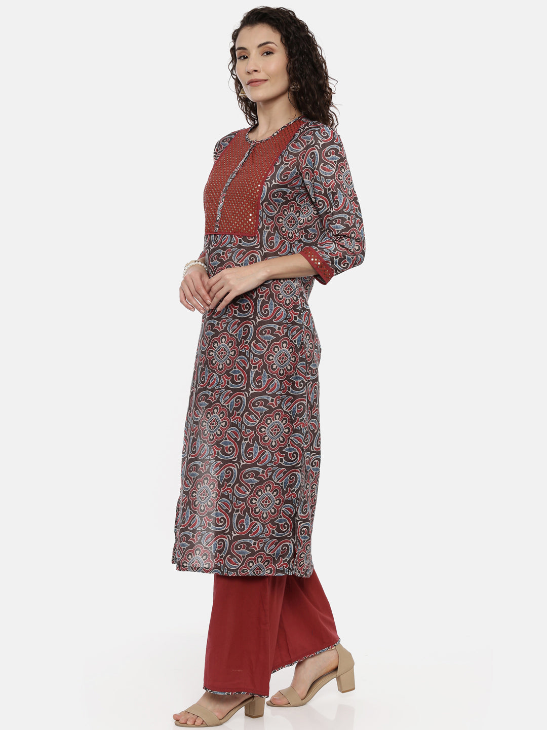 Neerus Grey printed kurta set with palazzo and dupatta - side view