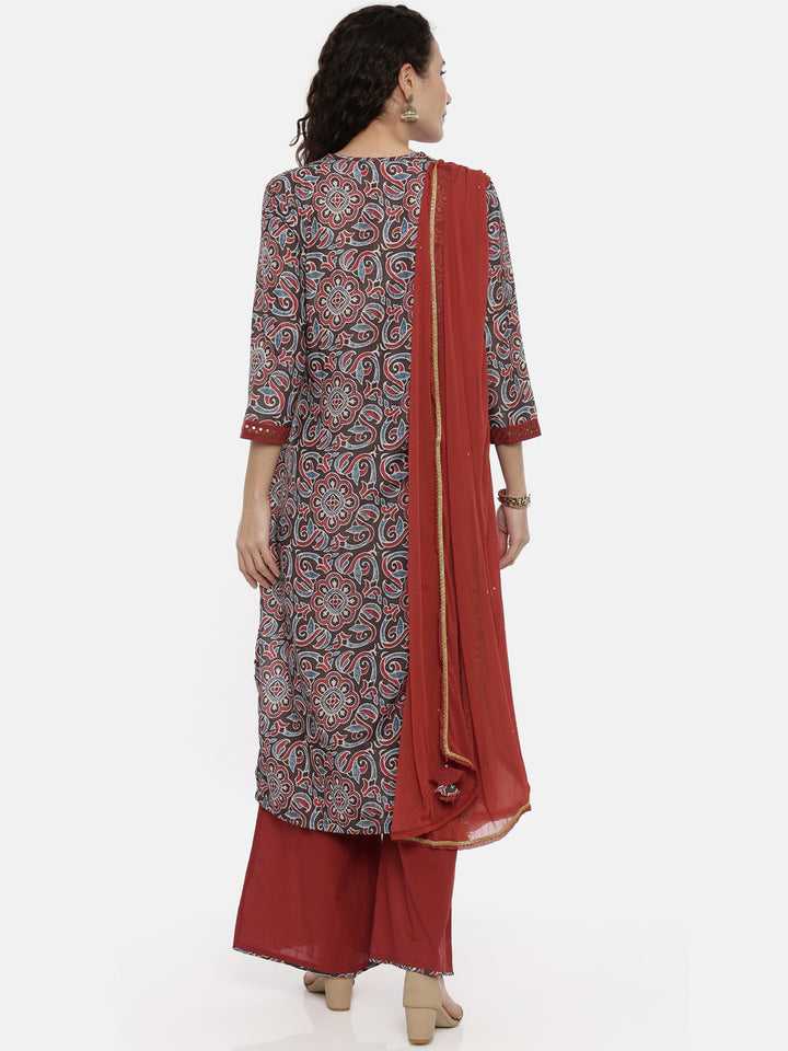 Neerus Grey printed kurta set with palazzo and dupatta - detail view 1