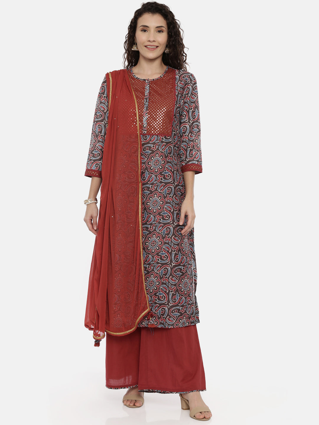 Neeru's Grey & Maroon Printed Kurta With Palazzo & Dupatta