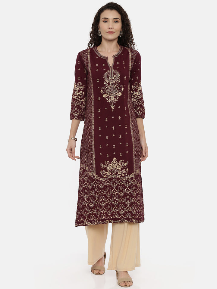 Neerus Maroon rayon printed straight kurta - front view