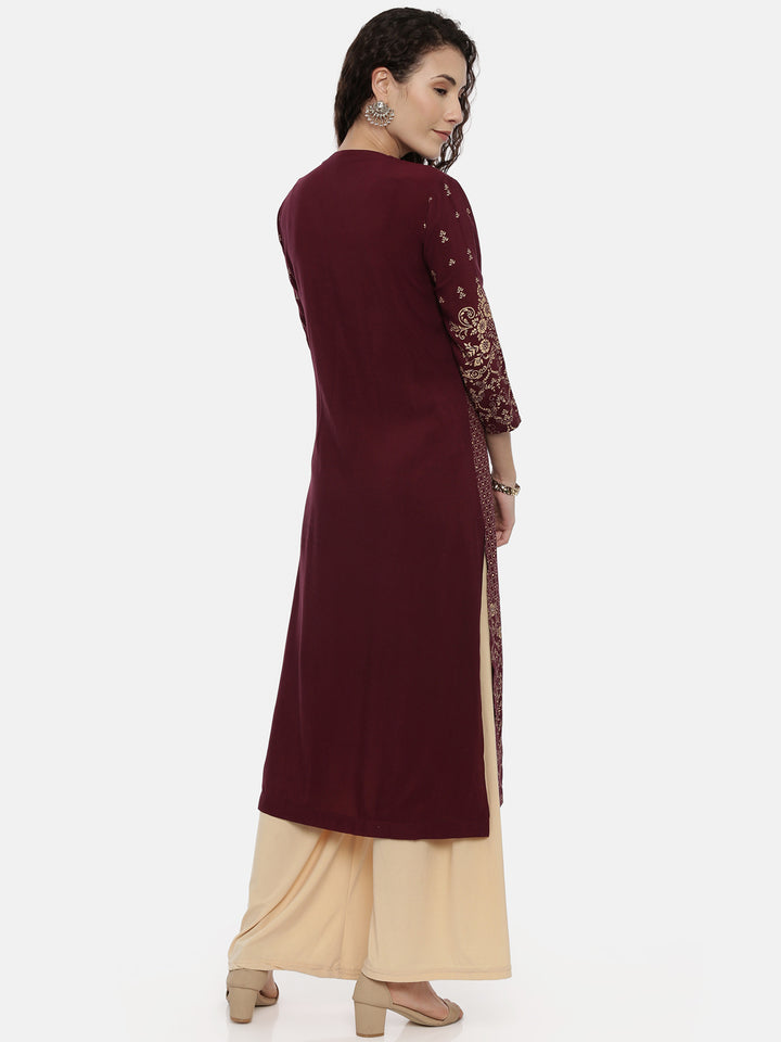 Neerus Maroon rayon printed straight kurta - detail view 1