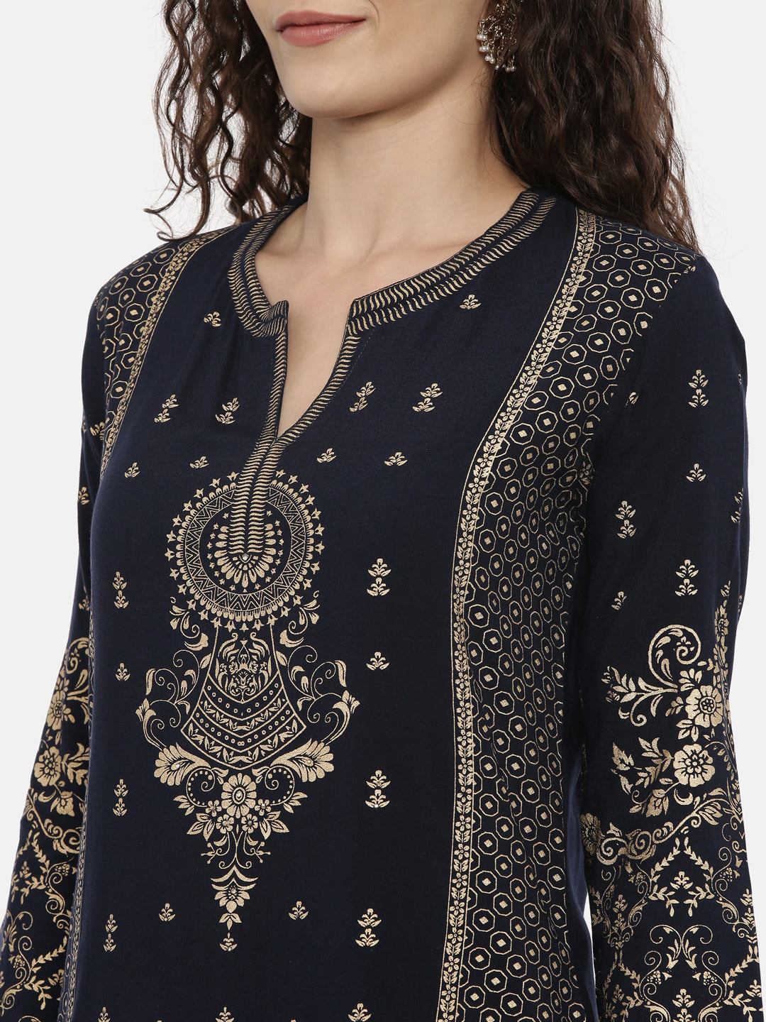 Neerus Blue rayon printed straight kurta - back view