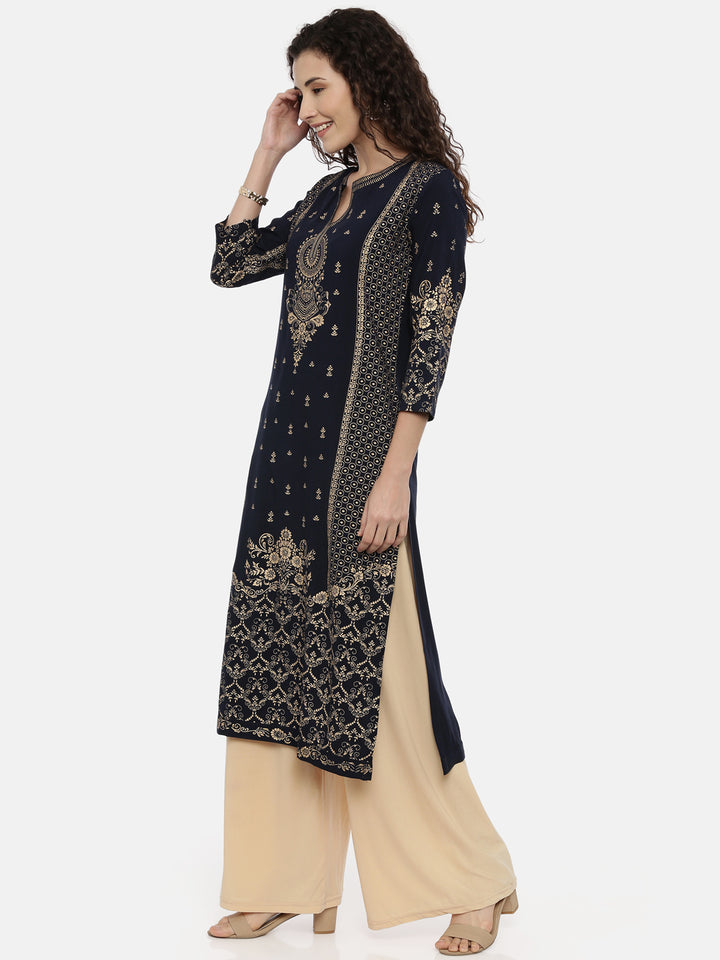 Neerus Blue rayon printed straight kurta - side view