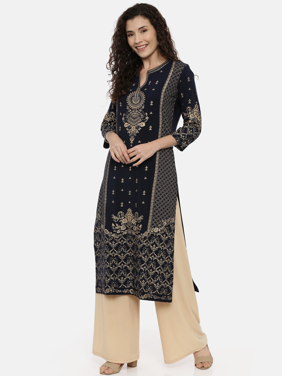 Neerus Blue rayon printed straight kurta - detail view 2