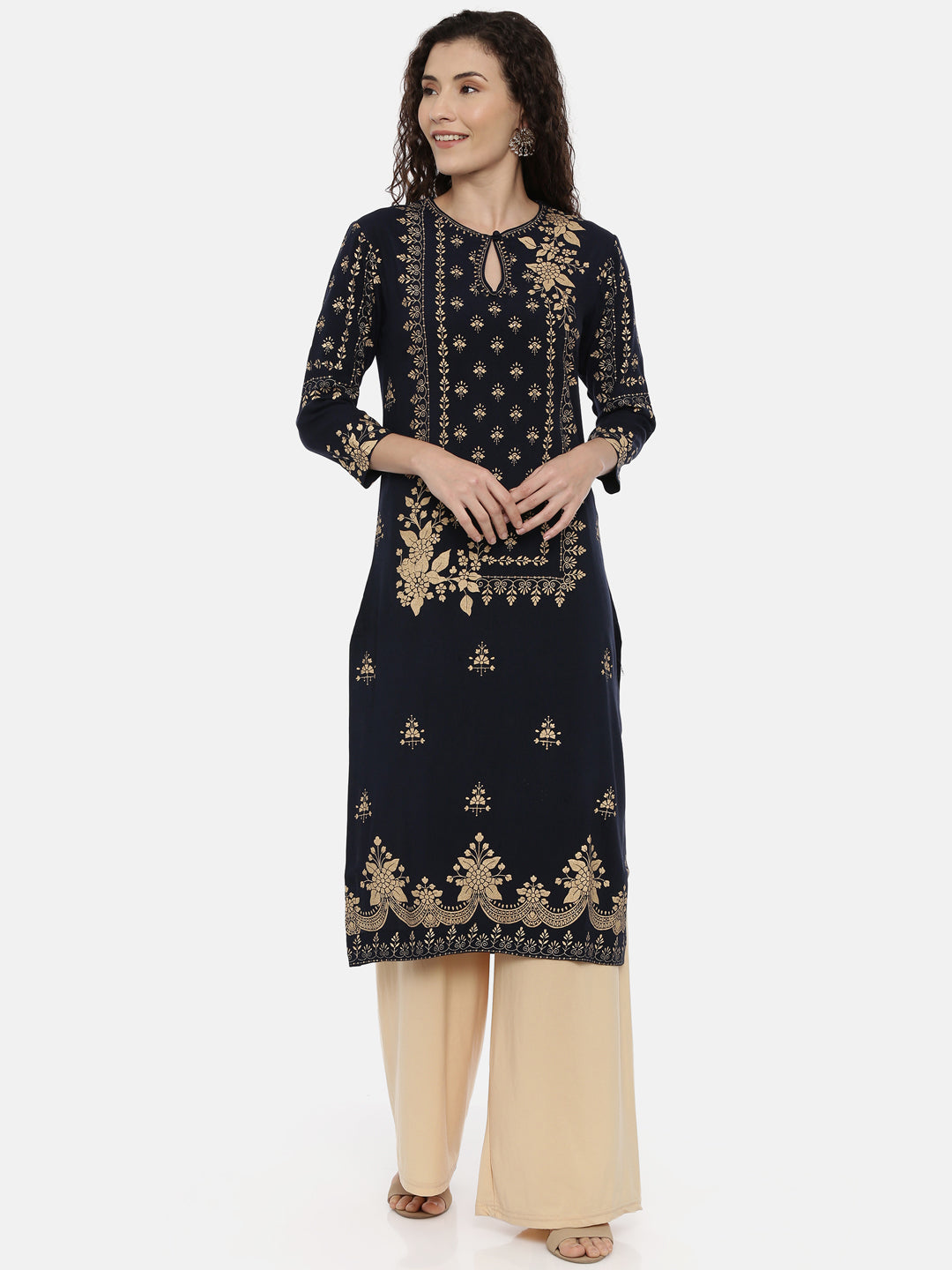 Neerus Navy Printed Straight Kurta