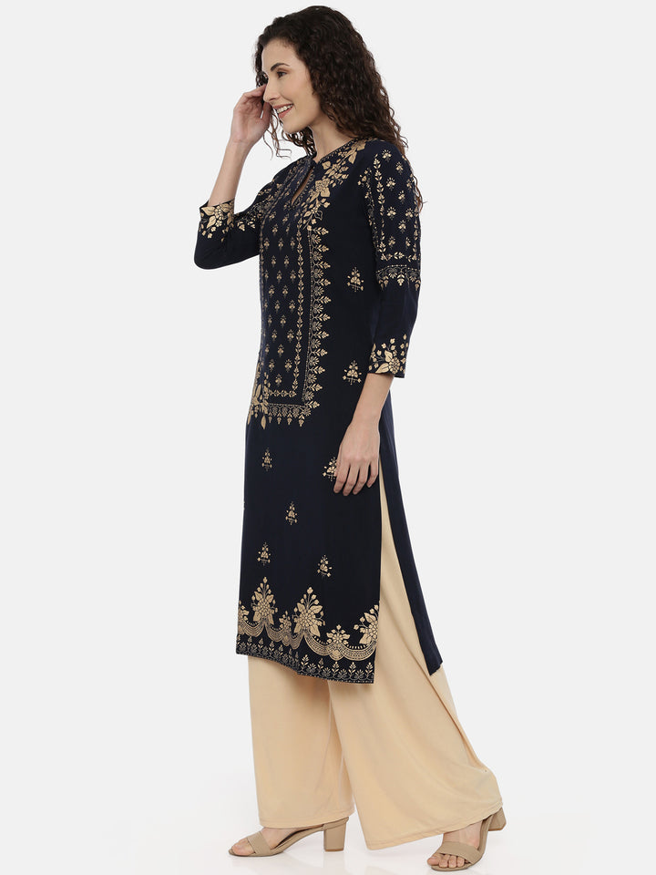 Neerus Navy Printed Straight Kurta