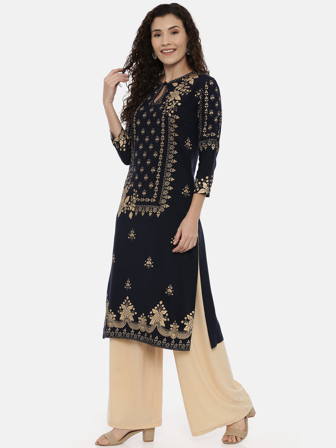 Neerus Navy Printed Straight Kurta