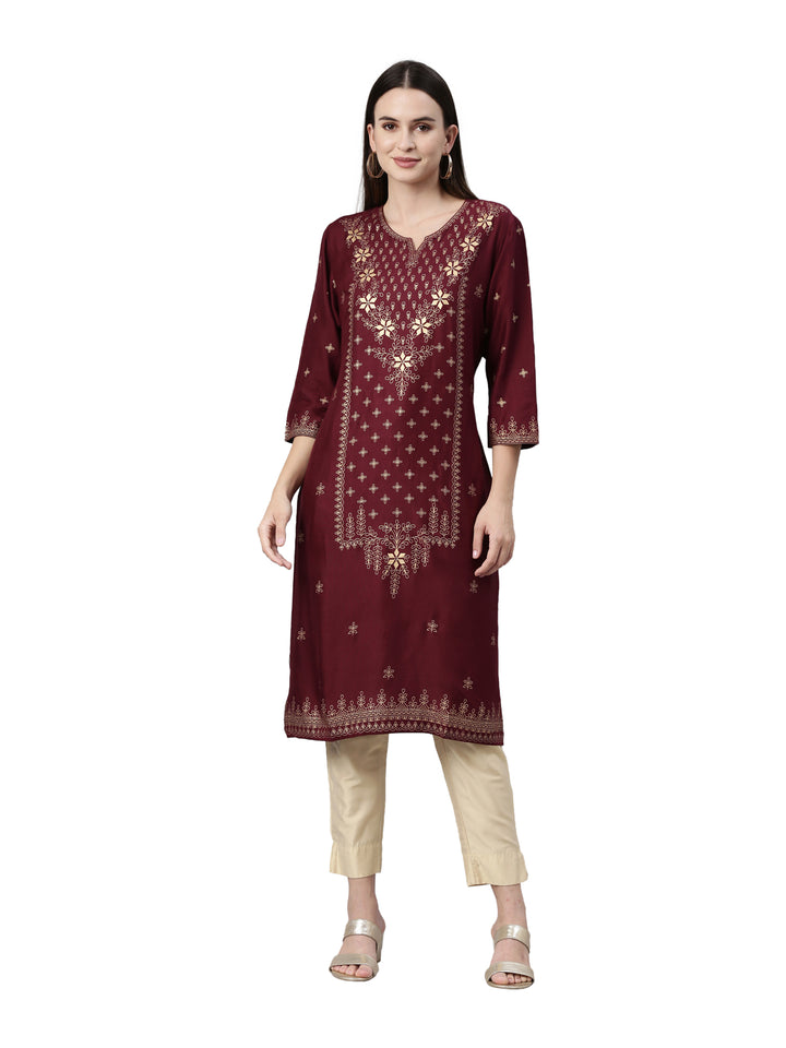 Neerus Maroon rayon straight kurta - front view