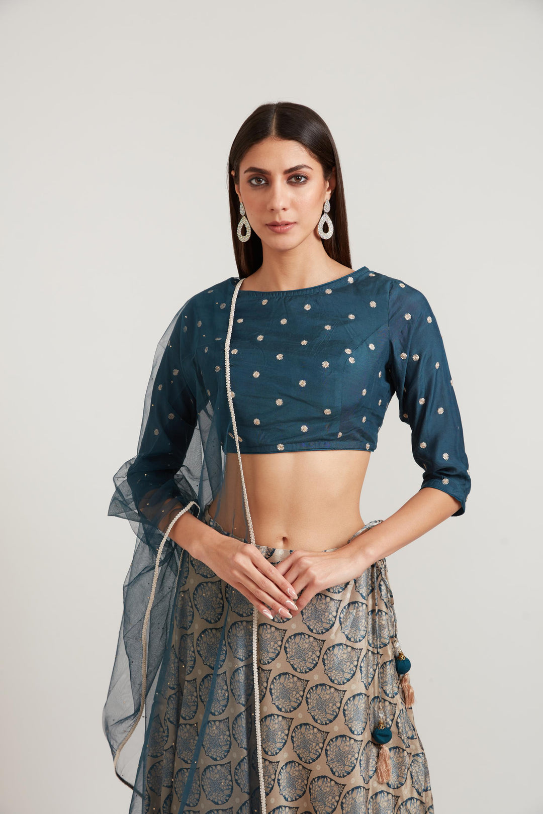 Neerus Blue silk embellished lehenga ghagra set - back view