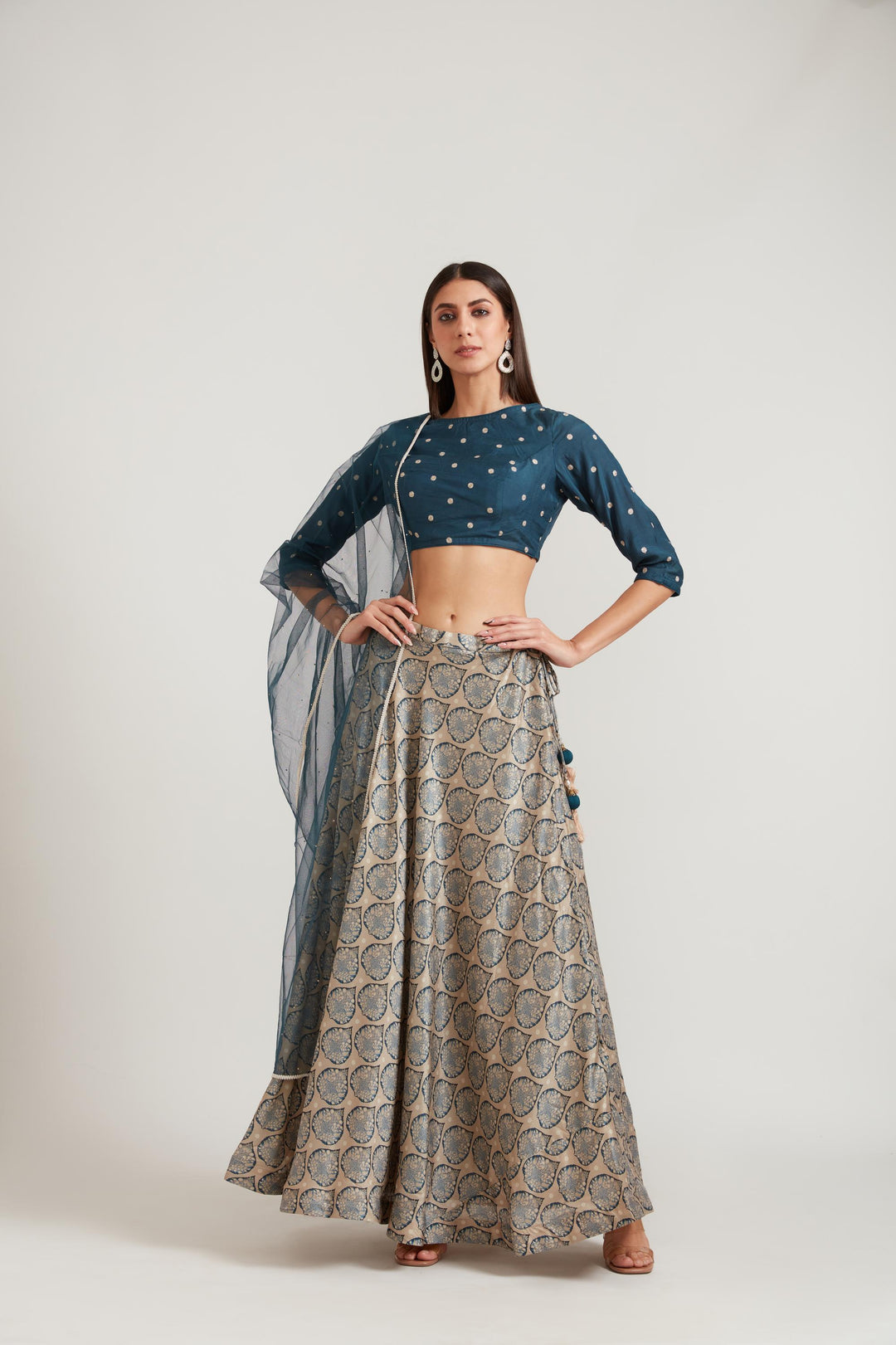 Neerus Blue silk embellished lehenga ghagra set - front view