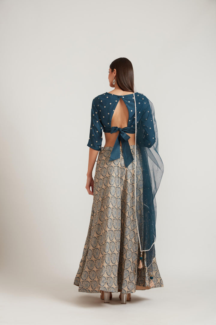Neerus Blue silk embellished lehenga ghagra set - detail view 1