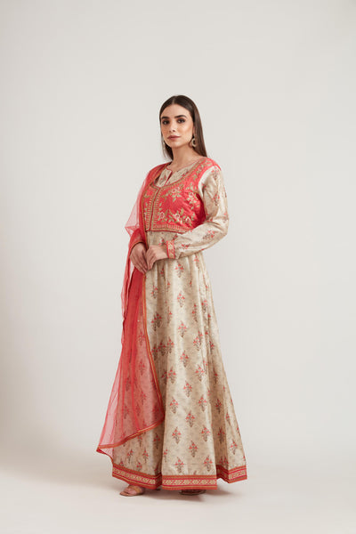 Neeru's Ivory Color Printed Fabric Anarkali Suit