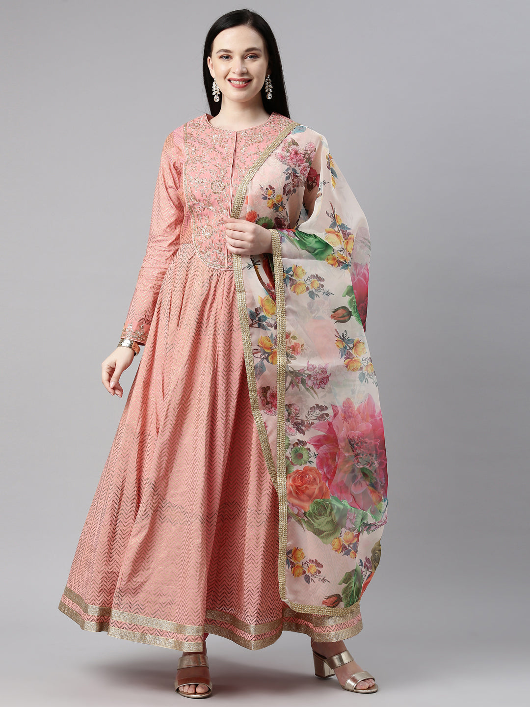 Neerus Peach Color Chanderi Fabric Kurta Set