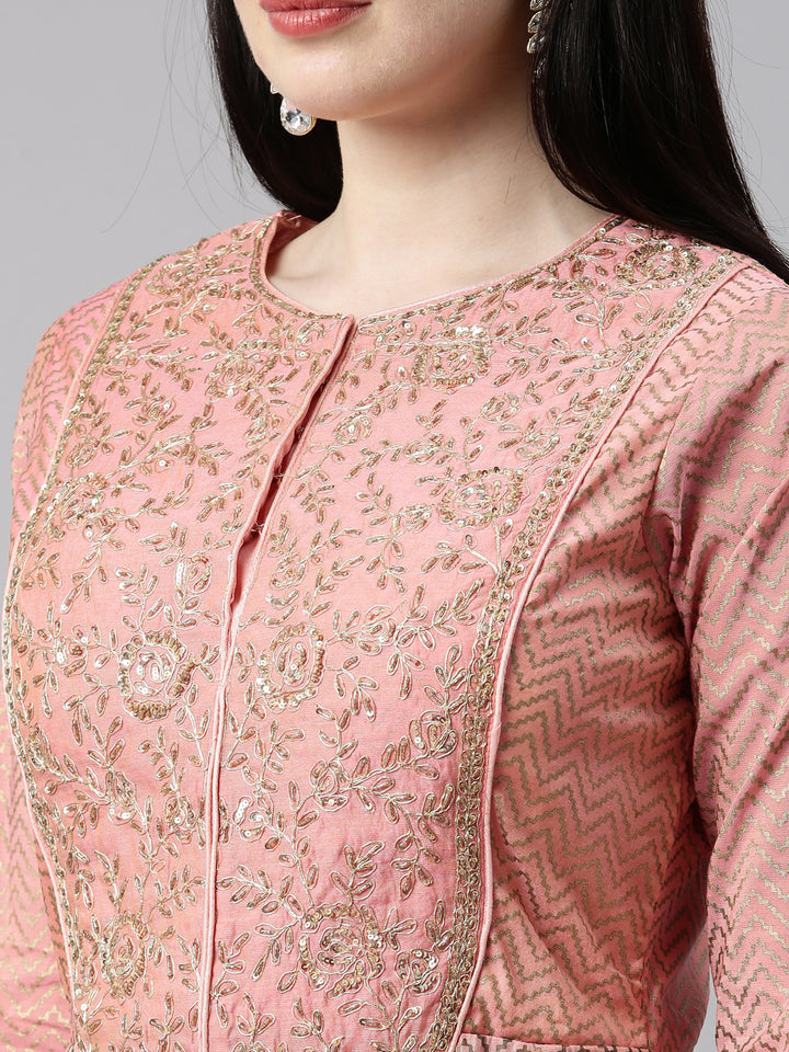 Neerus Peach Color Chanderi Fabric Kurta Set