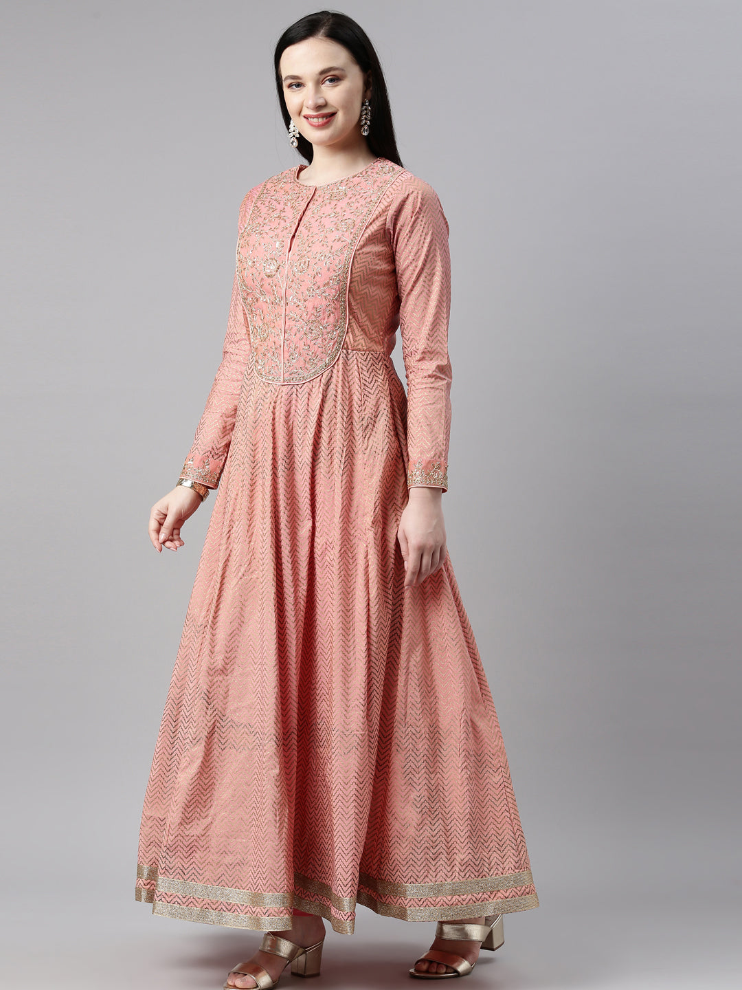 Neerus Peach Color Chanderi Fabric Kurta Set