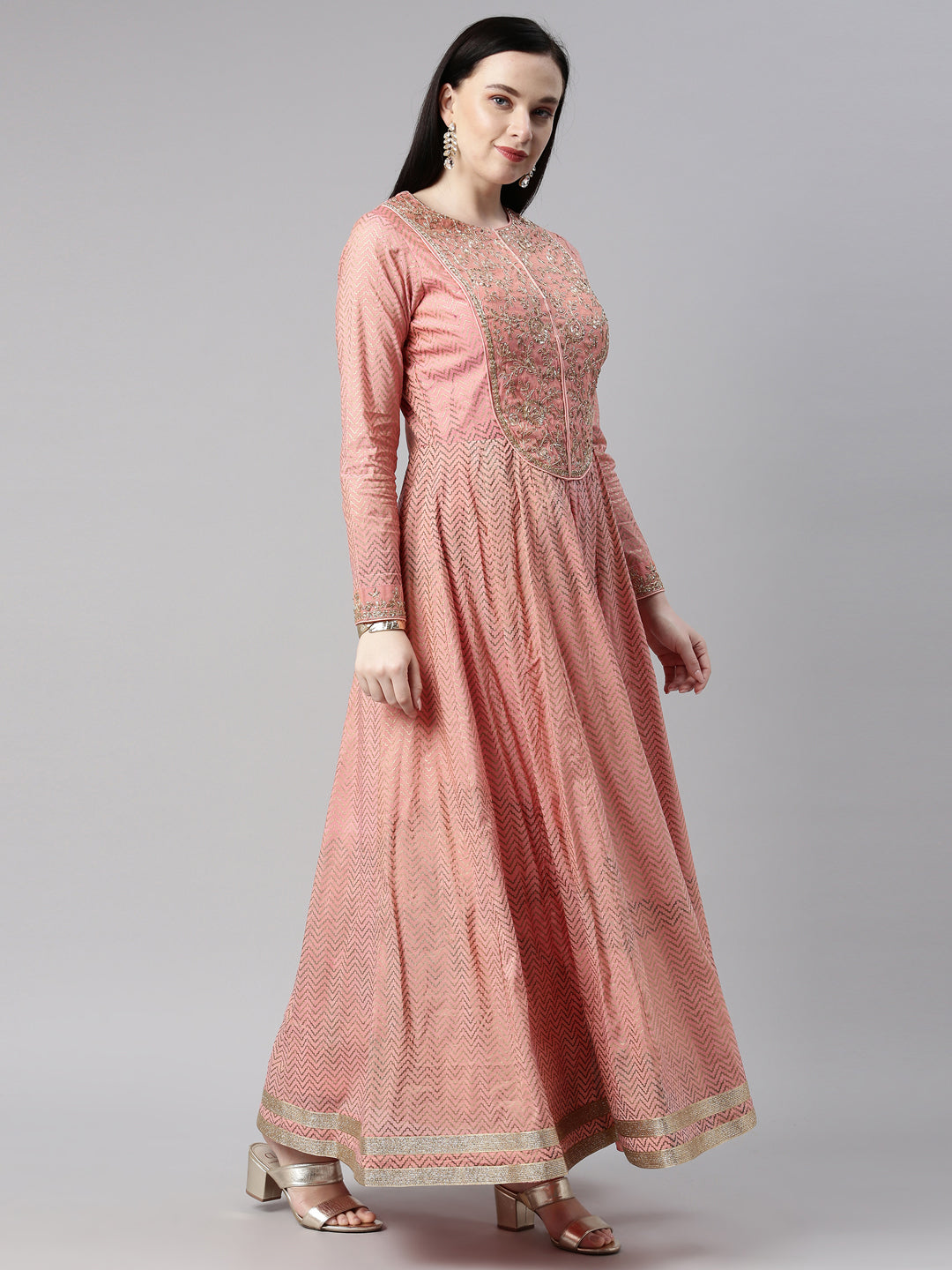 Neerus Peach Color Chanderi Fabric Kurta Set