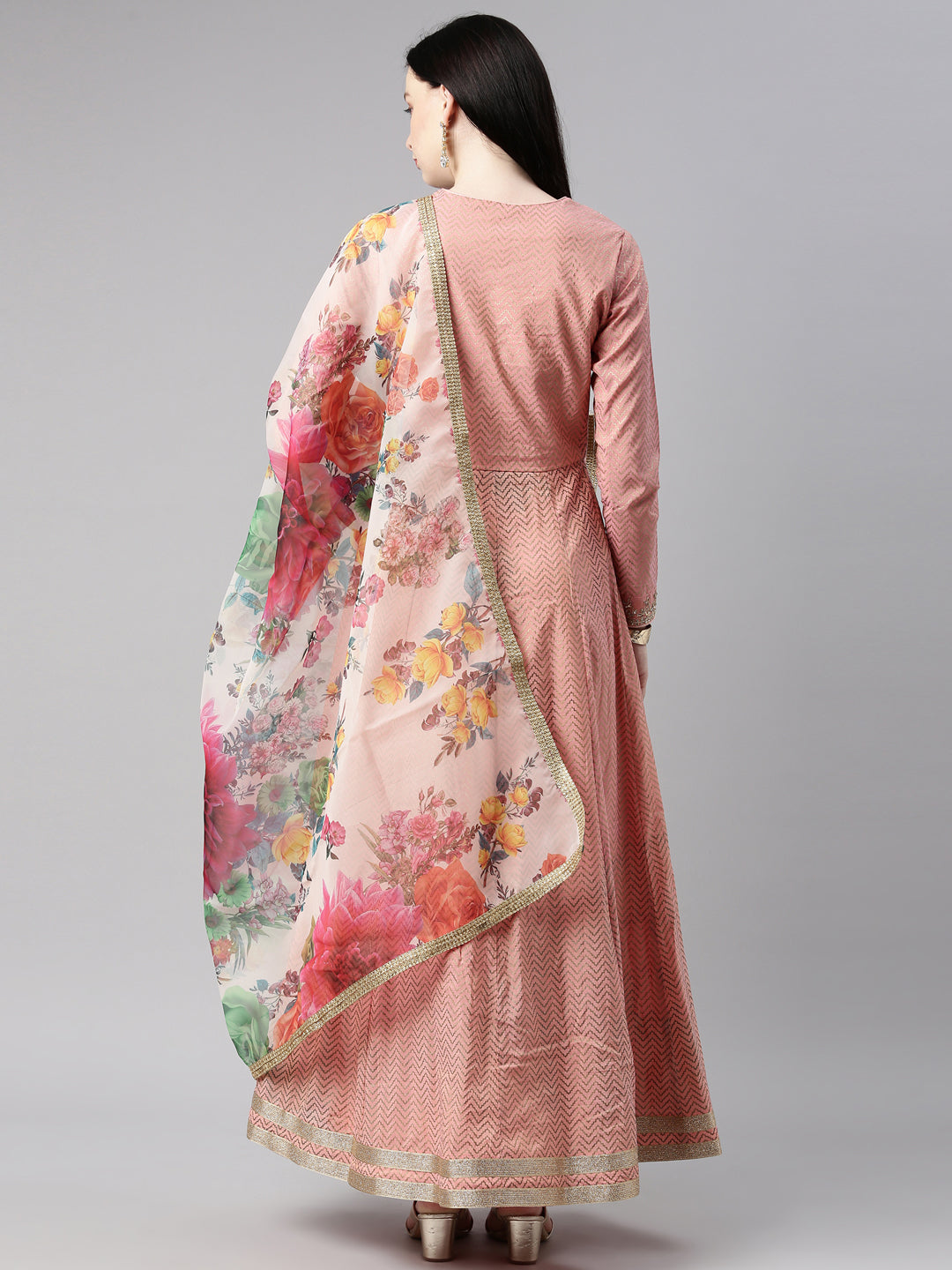 Neerus Peach Color Chanderi Fabric Kurta Set