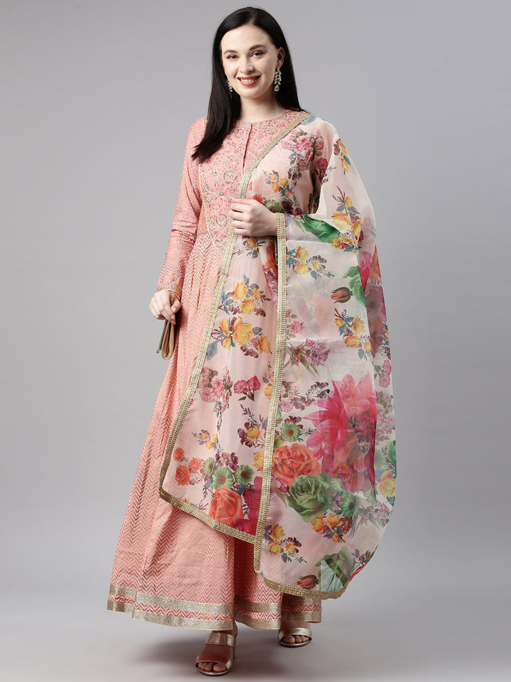 Neerus Peach Color Chanderi Fabric Kurta Set